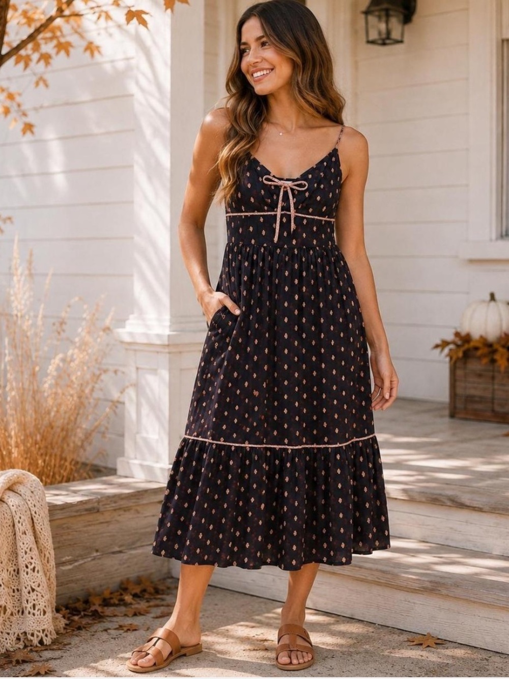 Universal Thread Black Floral Maxi XS Western Midi Dress Cream Rope Accents NEW